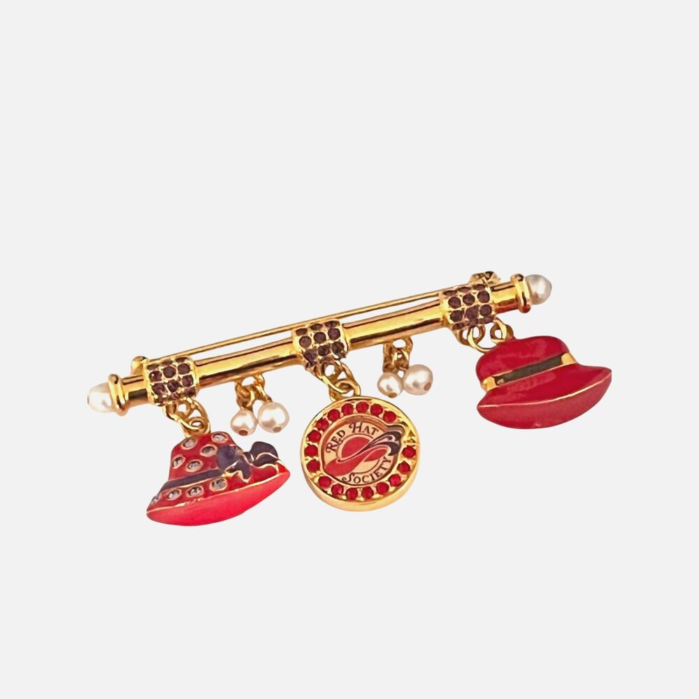 Danbury Mint Red Hat Society Pin Hat Charm Brooch Rhinestone - 5V